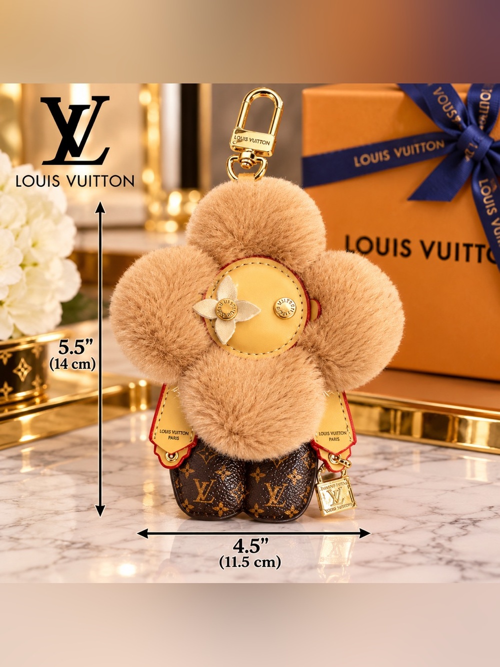 Tan Fur Flower Bag Charm Keychain